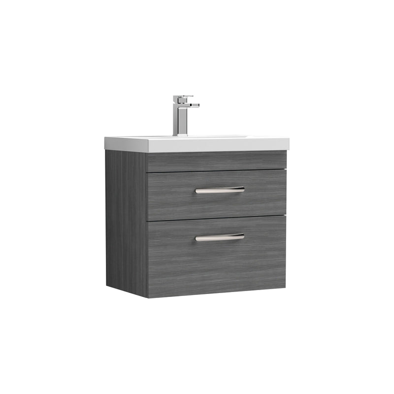 Nuie Athena 600mm 2 Drawer Wall Hung Vanity Unit with Thin Edge Basin - Anthracite Woodgrain