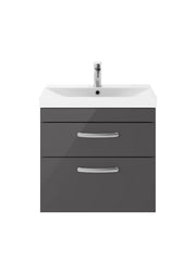 Nuie Athena 600mm 2 Drawer Wall Hung Vanity Unit with Thin Edge Basin - Gloss Grey