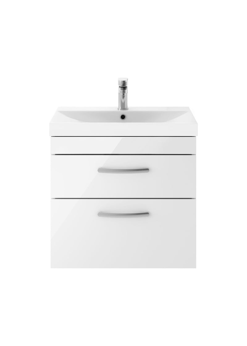 Nuie Athena 600mm 2 Drawer Wall Hung Vanity Unit with Thin Edge Basin - Gloss White