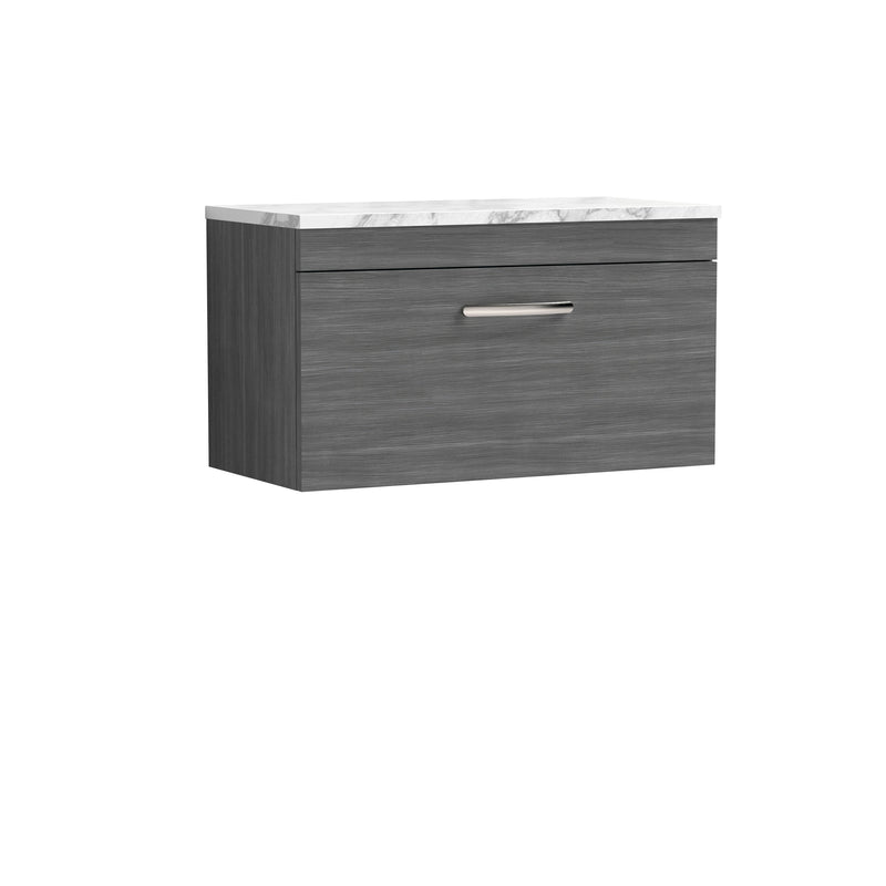Nuie Athena 800mm 1 Drawer Wall Hung Vanity Unit with Carrara Laminate Worktop - Anthracite Woodgrain