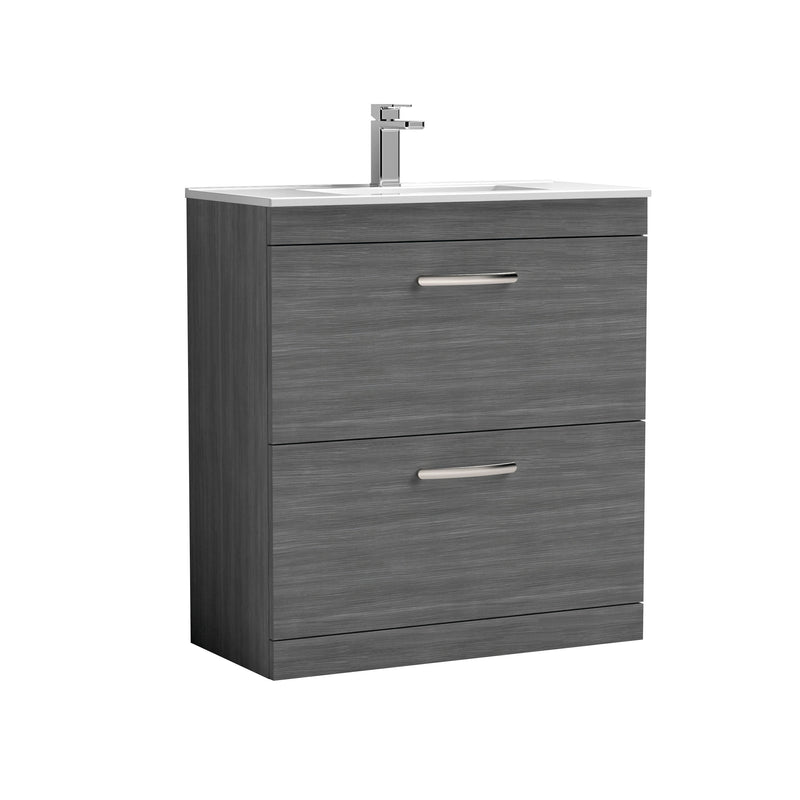 Nuie Athena 800mm 2 Drawer Floor Standing Vanity Unit with Minimalist Basin - Anthracite Woodgrain