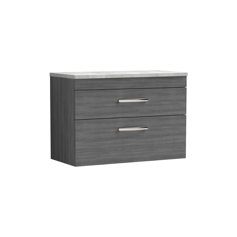 Nuie Athena 800mm 2 Drawer Wall Hung Vanity Unit with Bellato Grey Worktop - Anthracite Woodgrain