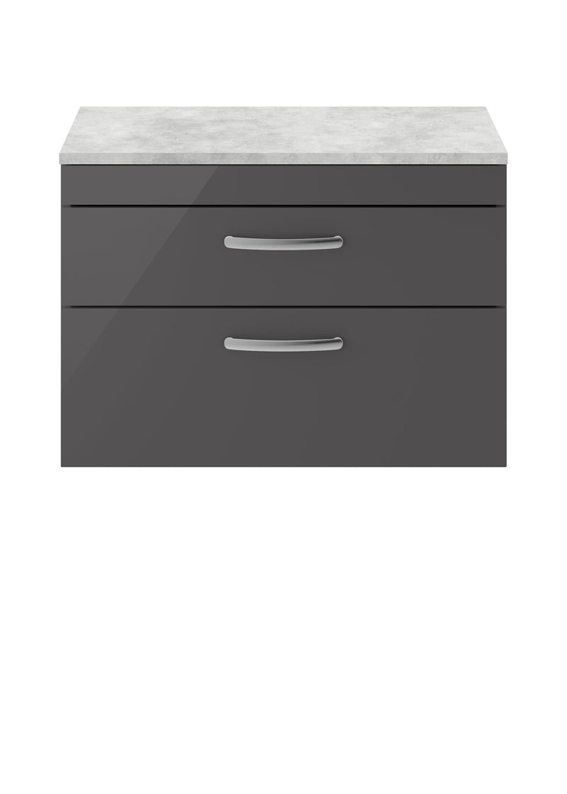 Nuie Athena 800mm 2 Drawer Wall Hung Vanity Unit with Bellato Grey Worktop - Gloss Grey