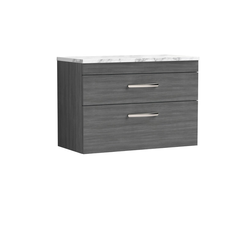 Nuie Athena 800mm 2 Drawer Wall Hung Vanity Unit with Carrara Laminate Worktop - Anthracite Woodgrain