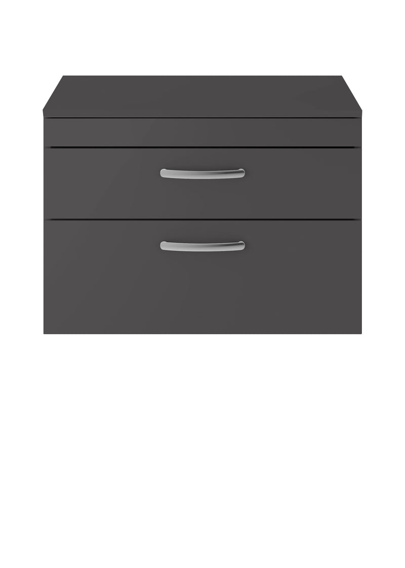 Nuie Athena 800mm 2 Drawer Wall Hung Vanity Unit with Co-ordinating Worktop - Gloss Grey