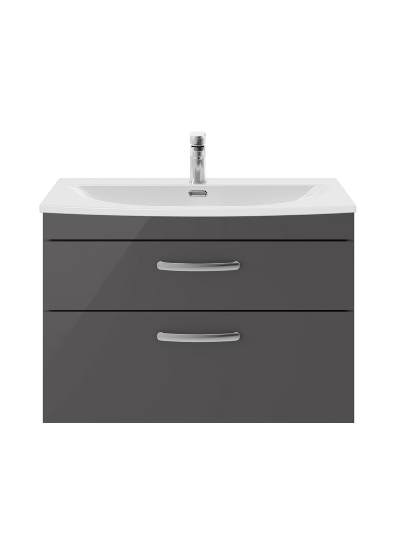 Nuie Athena 800mm 2 Drawer Wall Hung Vanity Unit with Curved Basin - Gloss Grey