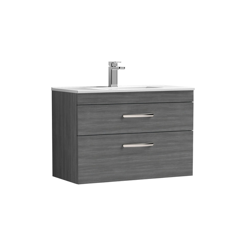 Nuie Athena 800mm 2 Drawer Wall Hung Vanity Unit with Minimalist Basin - Anthracite Woodgrain