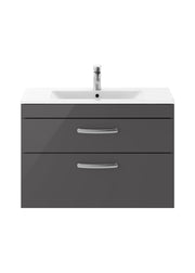 Nuie Athena 800mm 2 Drawer Wall Hung Vanity Unit with Minimalist Basin - Gloss Grey