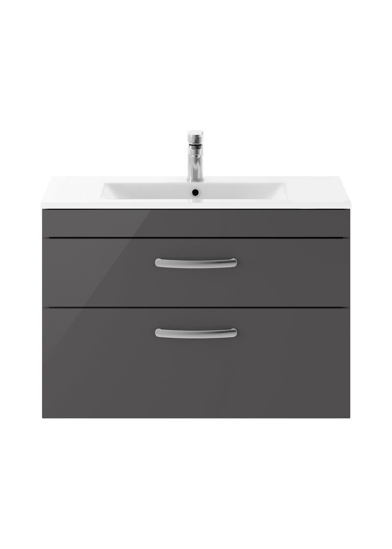 Nuie Athena 800mm 2 Drawer Wall Hung Vanity Unit with Minimalist Basin - Gloss Grey