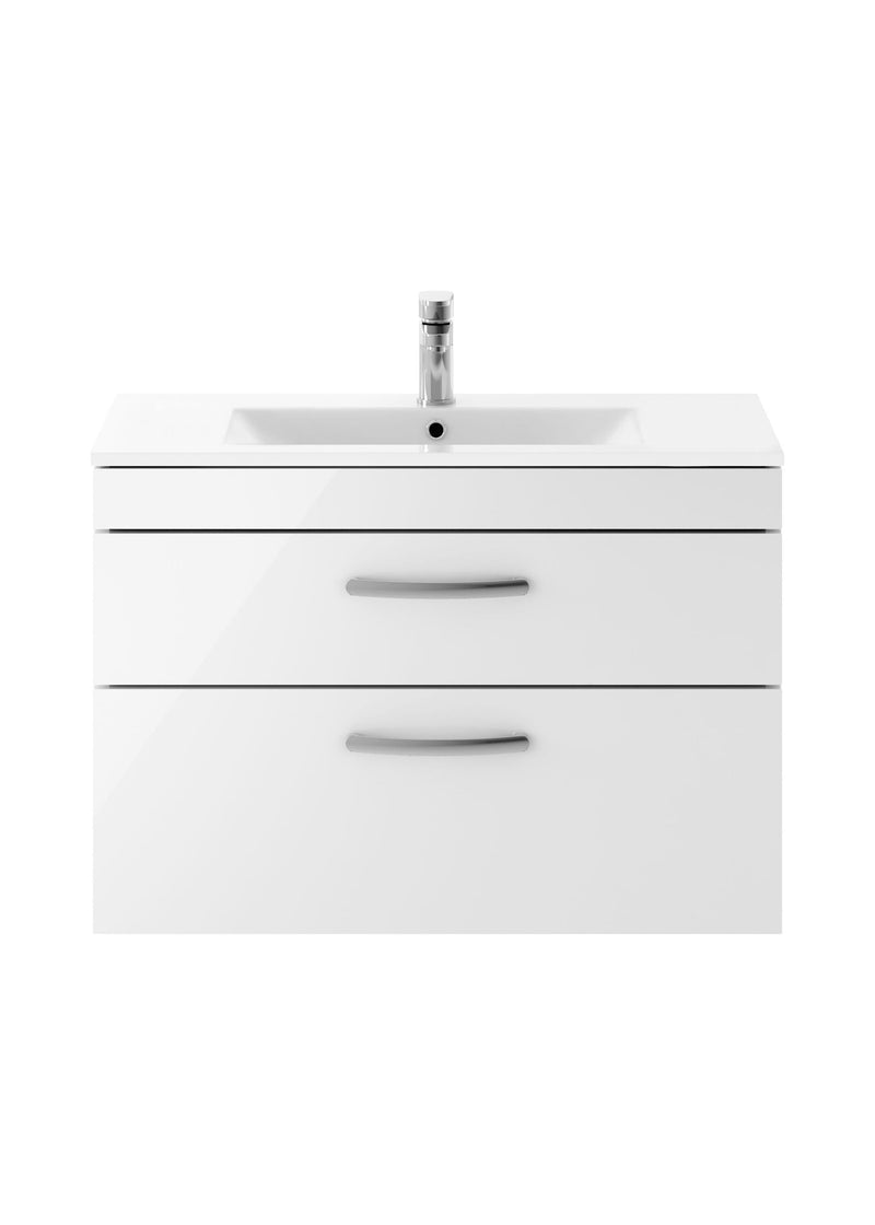 Nuie Athena 800mm 2 Drawer Wall Hung Vanity Unit with Minimalist Basin - Gloss White