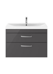 Nuie Athena 800mm 2 Drawer Wall Hung Vanity Unit with Thin Edge Basin - Gloss Grey