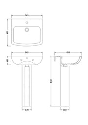 Nuie Ava 545mm basin and pedestal line drawing with dimensions