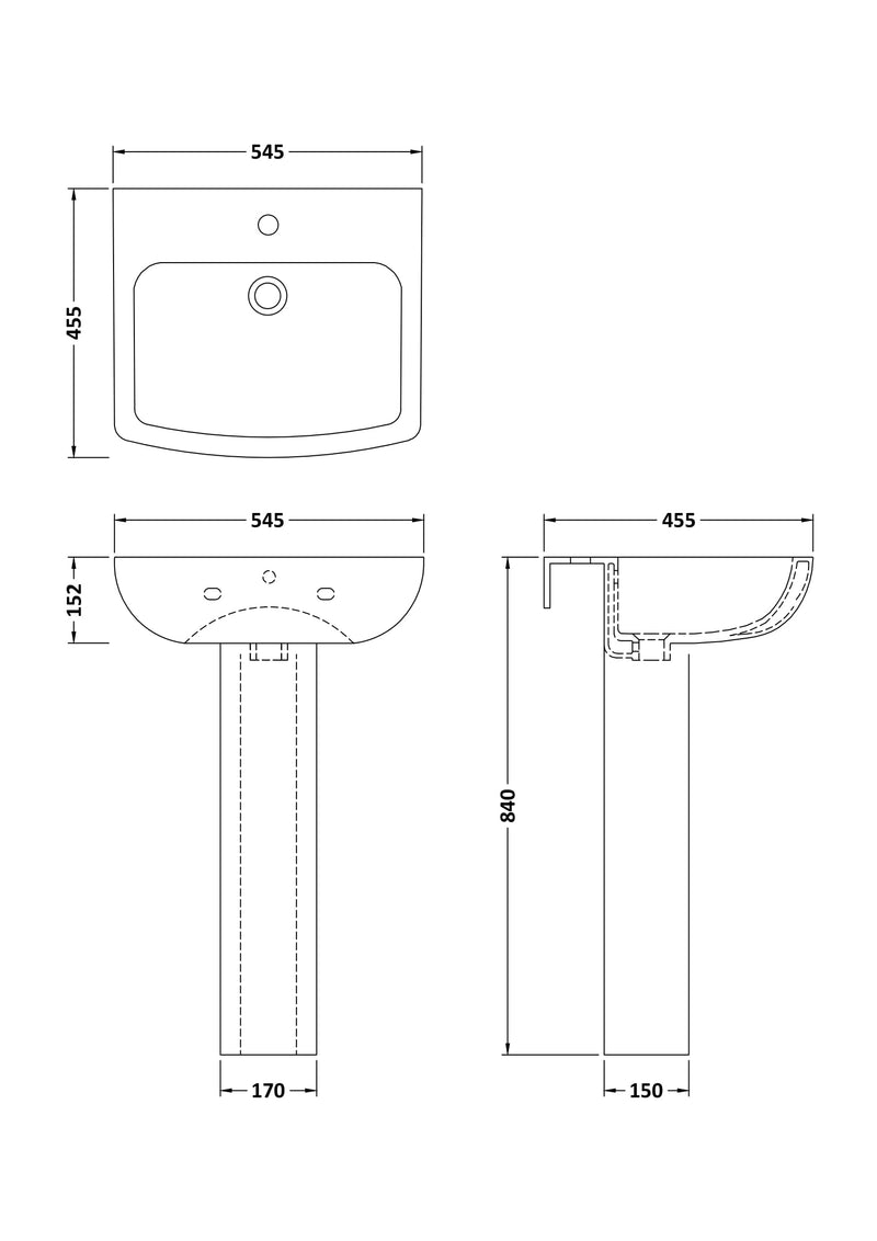 Nuie Ava 545mm basin and pedestal line drawing with dimensions
