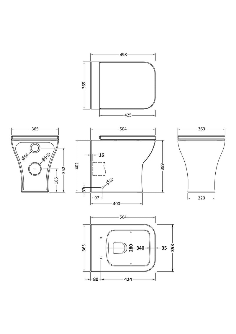 Nuie Ava back to wall toilet pan line drawing with dimensions