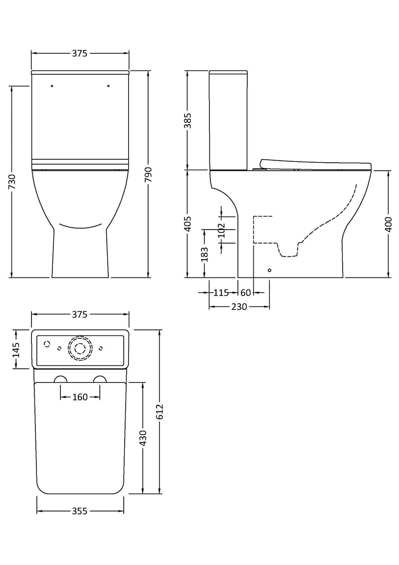 Nuie Ava close coupled toilet line drawing with dimensions