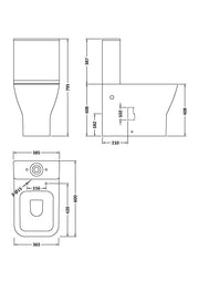 Nuie Ava rimless close coupled toilet line drawing with dimensions