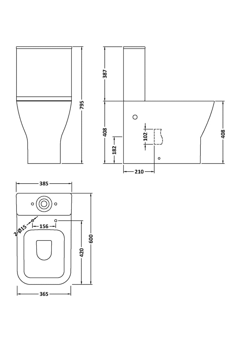 Nuie Ava rimless close coupled toilet line drawing with dimensions