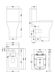 Nuie Ava rimless comfort height close coupled toilet line drawing with dimensions