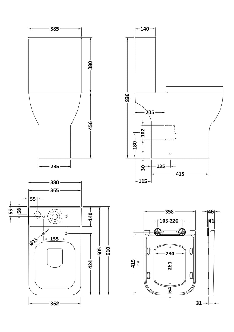 Nuie Ava rimless comfort height close coupled toilet line drawing with dimensions
