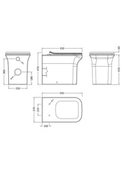 Nuie Ava square back to wall toilet pan line drawing with dimensions
