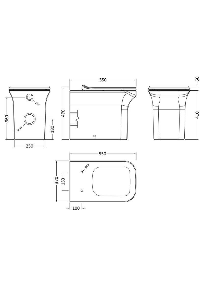 Nuie Ava square back to wall toilet pan line drawing with dimensions