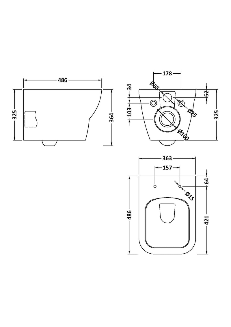 Nuie Ava wall hung toilet pan line drawing with dimensions