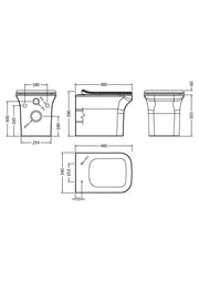 Nuie Ava compact wall hung toilet pan line drawing with dimensions
