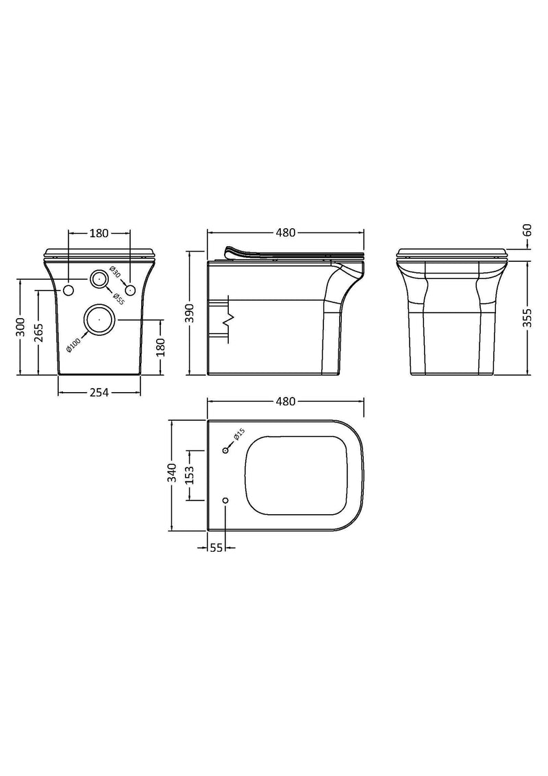 Nuie Ava compact wall hung toilet pan line drawing with dimensions