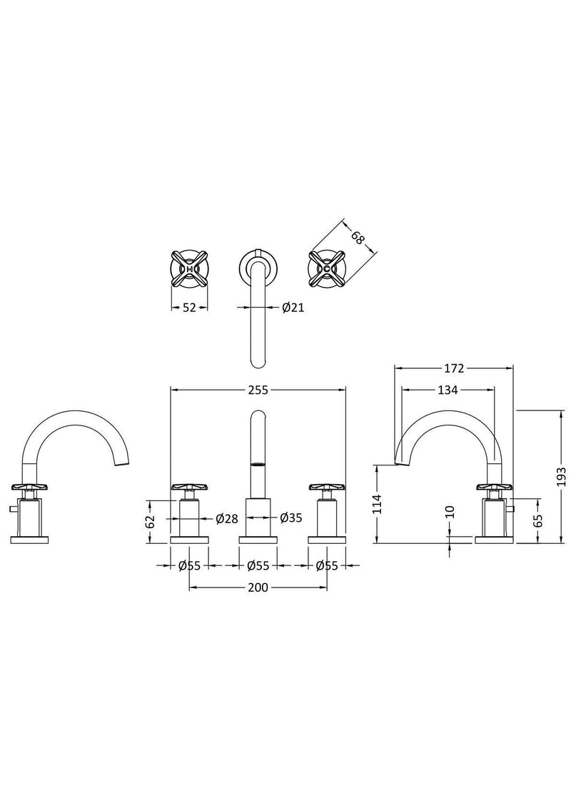 Nuie Aztec 3 Tap Hole Basin Mixer Chrome dimensions diagram CLX337