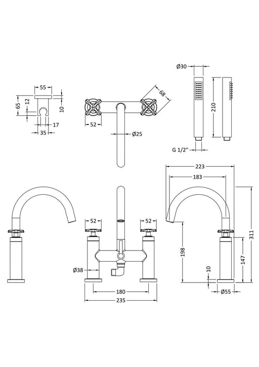 Nuie Aztec Bath Shower Mixer Chrome dimensions diagram CLX354