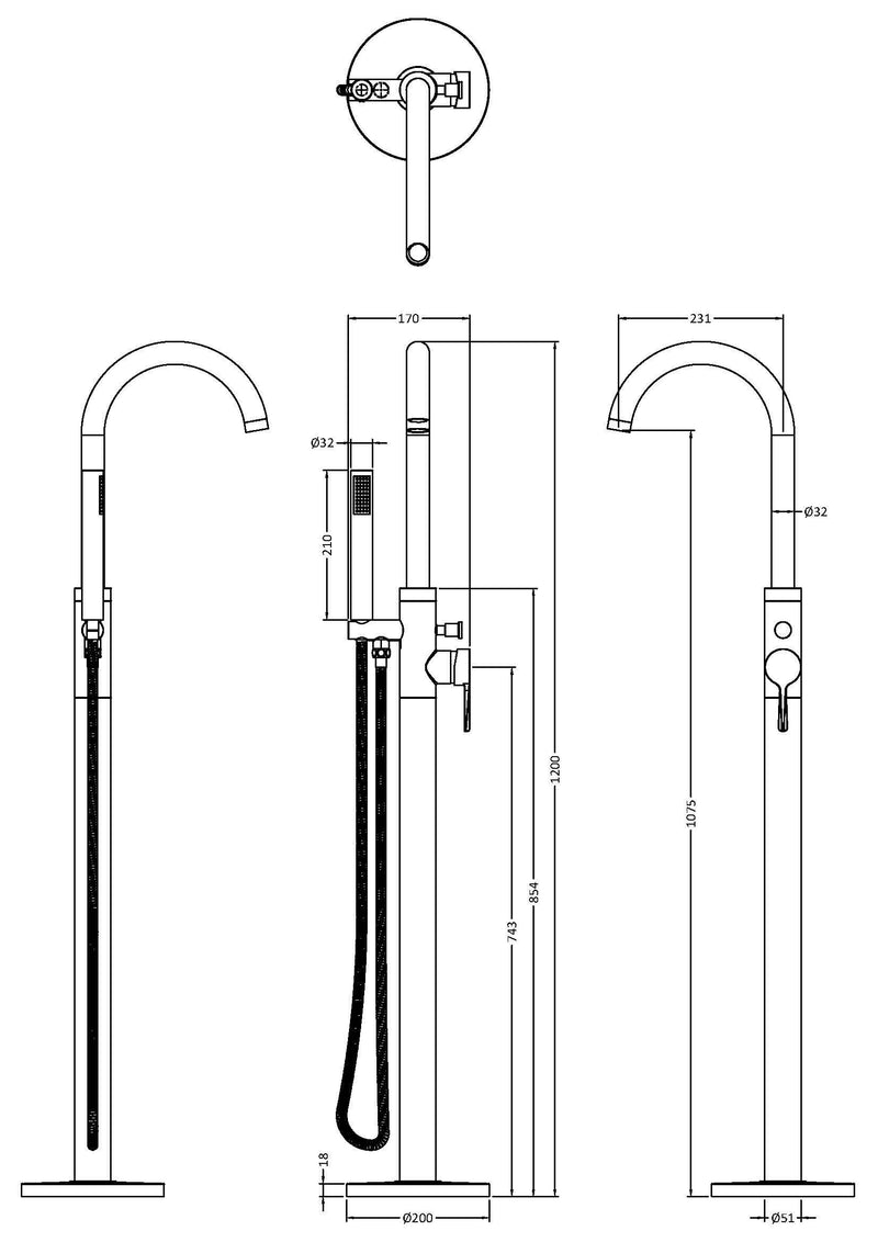 Nuie Aztec Freestanding Bath Shower Mixer Brushed Brass dimensions diagram CLX821