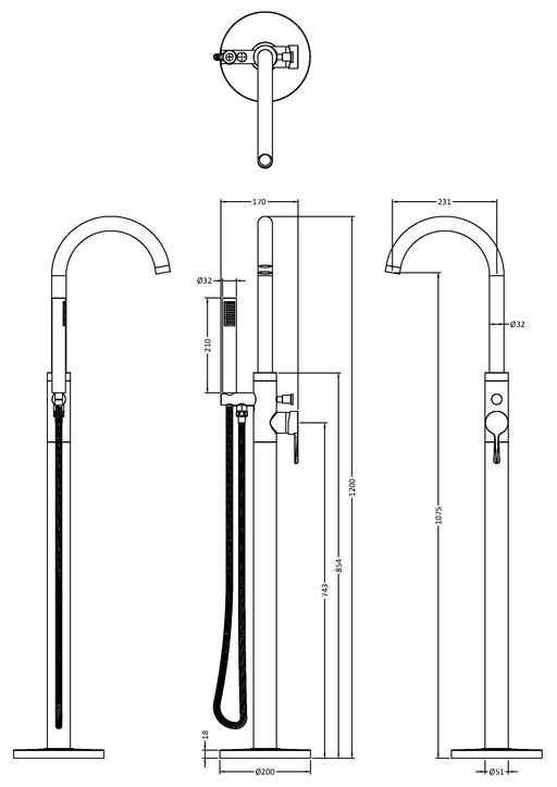 Nuie Aztec Freestanding Bath Shower Mixer Brushed Brass dimensions diagram CLX821