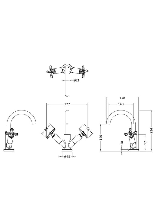 Nuie Aztec Mono Basin Mixer Matt Black dimensions diagram CLX415