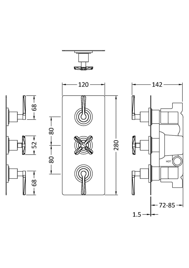 Nuie Aztec Triple Concealed Thermostatic Shower Valve CLL4211 dimensions line drawing