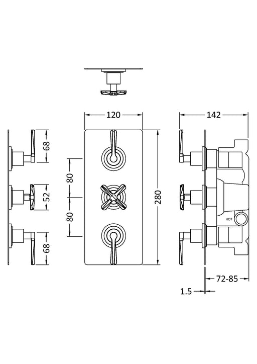 Nuie Aztec Triple Concealed Thermostatic Shower Valve with Diverter CLL3023 dimensions line drawing