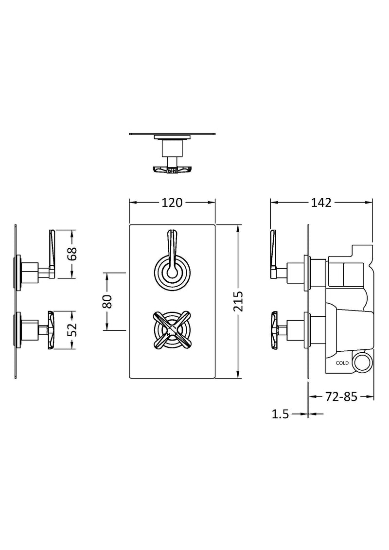 Nuie Aztec Twin Concealed Thermostatic Shower Valve with Diverter CLL3207 dimensions line drawing