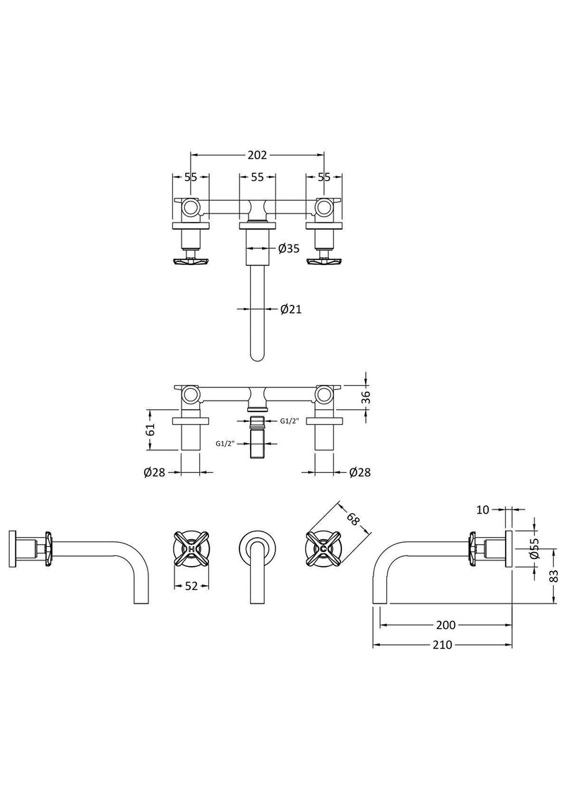 Nuie Aztec Wall Mounted Basin Mixer Matt Black dimensions diagram CLX417