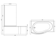 Nuie B-Shaped Shower Bath Set with Screen, Panel & Legs (All Sizes) line drawing