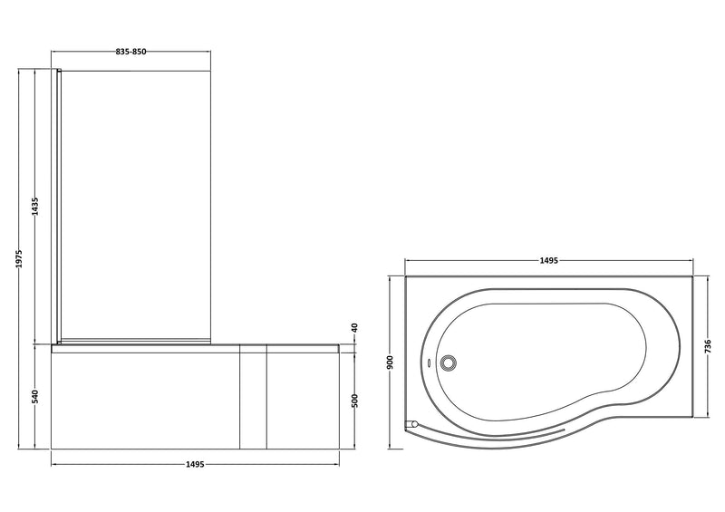 Nuie B-Shaped Shower Bath Set with Screen, Panel & Legs (All Sizes) line drawing