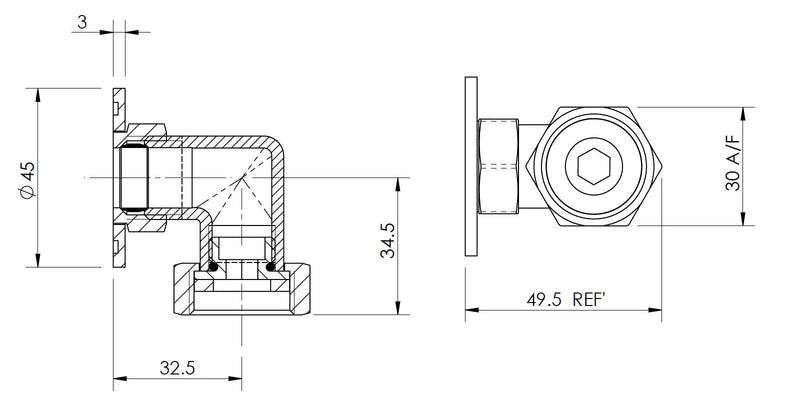 Nuie Back to Wall Shower Elbow Chrome (VQE001) line drawing