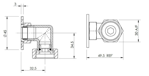 Nuie Back to Wall Shower Elbow Chrome (VQE001) line drawing