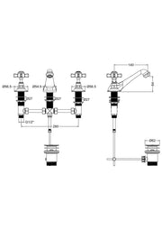 Nuie Beaumont 3 Tap Hole Basin Mixer with Pop Up Waste dimensioned technical drawing (I307X)