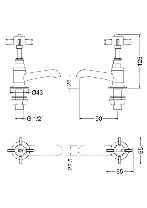Nuie Beaumont Basin Taps (Pair) dimensioned technical drawing (I821XE)