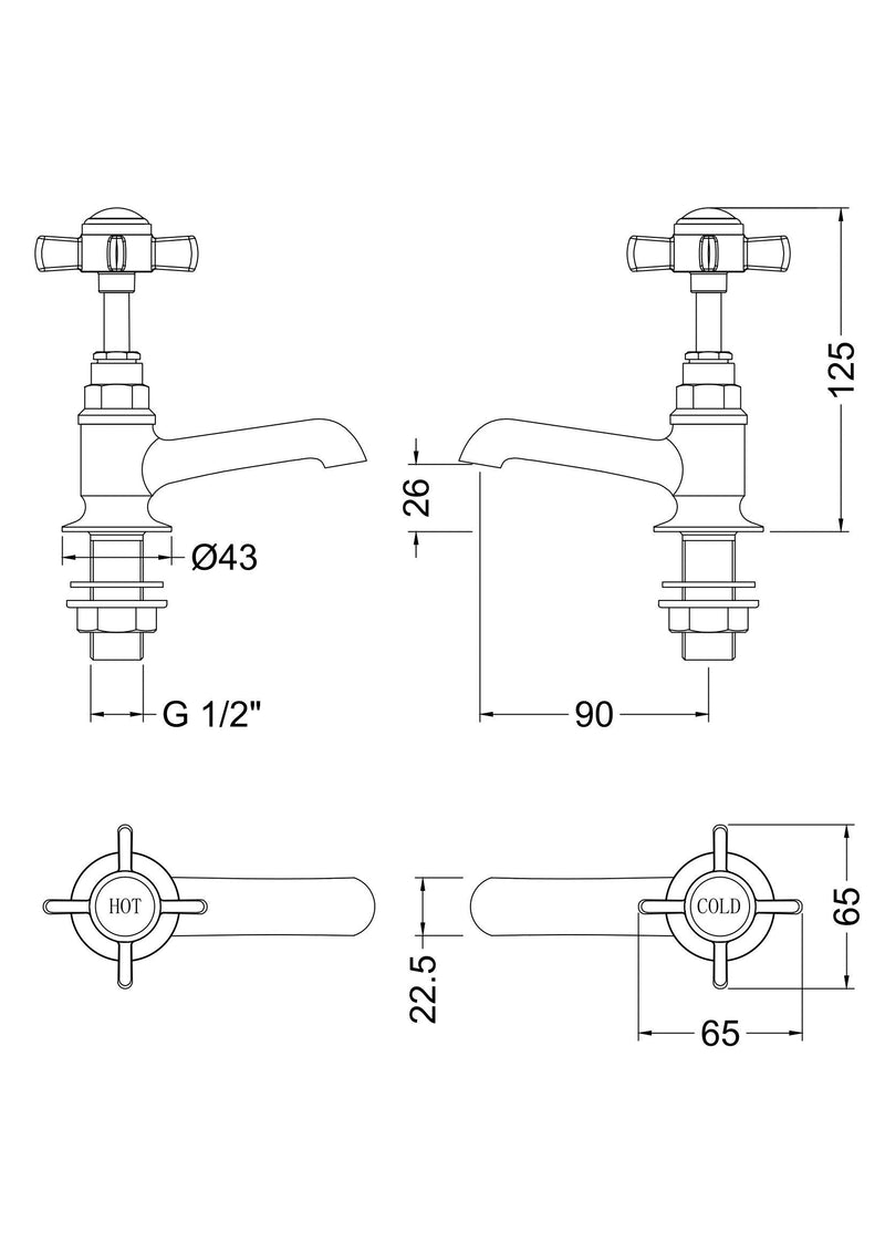 Nuie Beaumont Basin Taps (Pair) dimensioned technical drawing (I321XE)