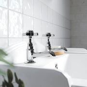 Nuie Beaumont Basin Taps (Pair) in chrome lifestyle bathroom setting (I321XE)