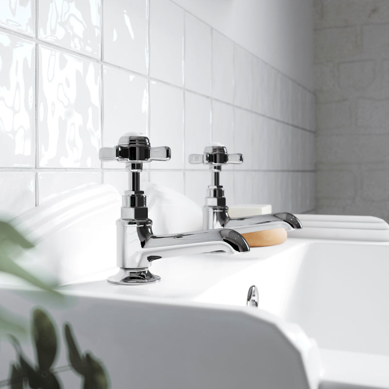 Nuie Beaumont Basin Taps (Pair) in chrome lifestyle bathroom setting (I321XE)