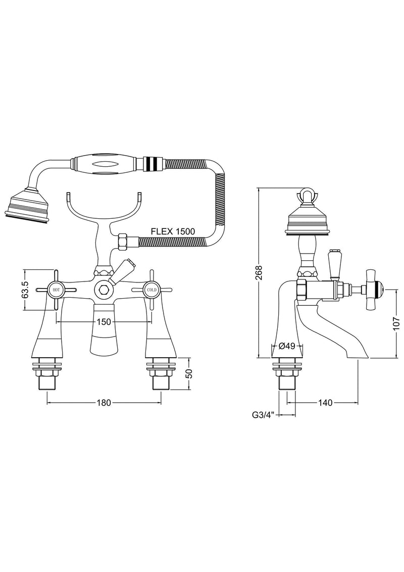 Nuie Beaumont 1/2" Bath Shower Mixer dimensioned technical drawing (I304X)