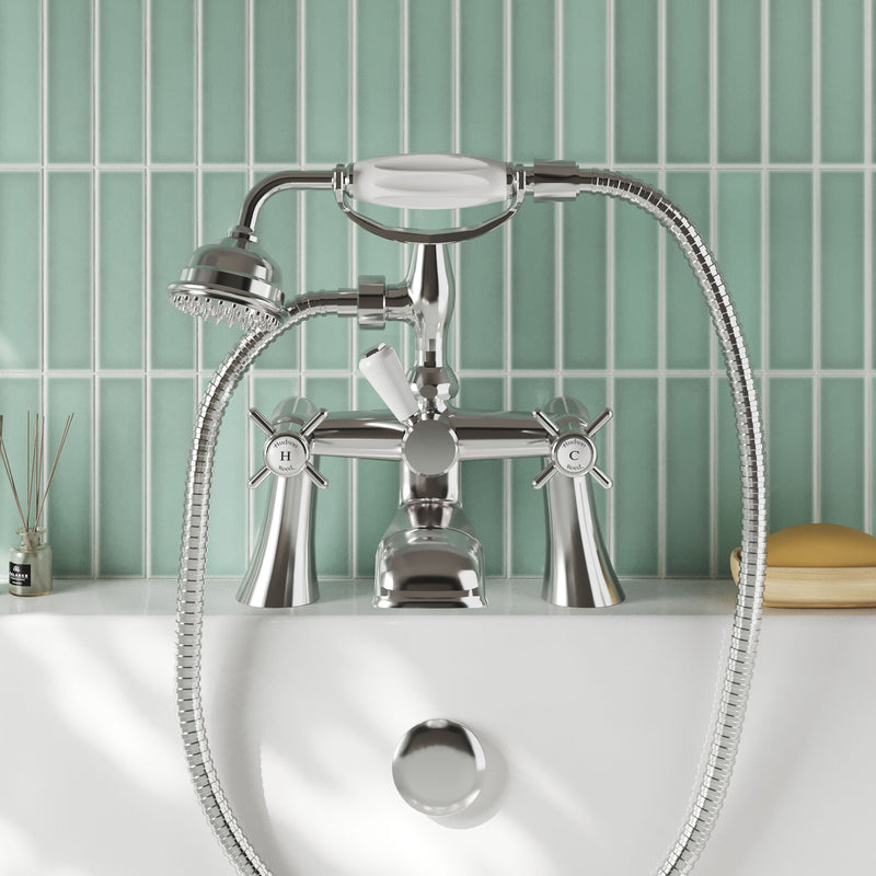 Nuie Beaumont 1/2" Bath Shower Mixer in chrome lifestyle bathroom setting (I304X)
