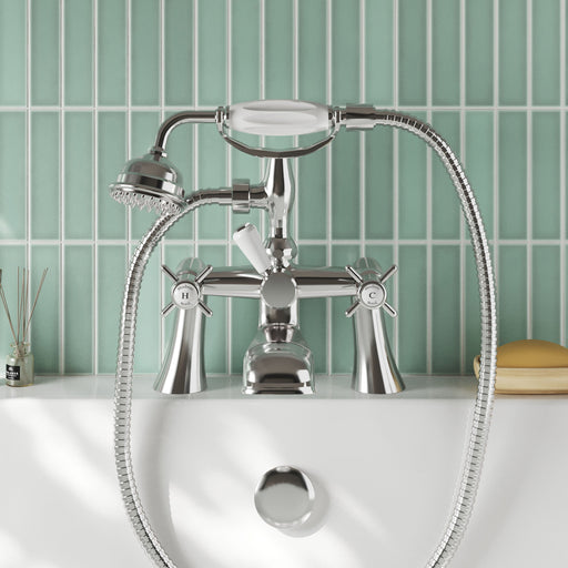 Nuie Beaumont 1/2" Bath Shower Mixer in chrome lifestyle bathroom setting (I304X)