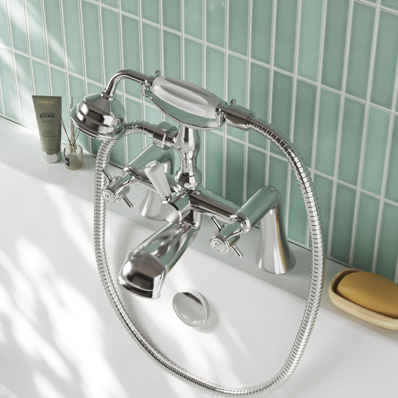 Nuie Beaumont 1/2" Bath Shower Mixer in chrome lifestyle bathroom setting (I304X)